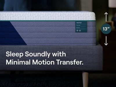 Close-up of mattress side profile showing 13-inch height measurement and text about minimal motion transfer.