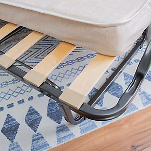 Unexpected guests? No problem when you have the Luxor ultimate folding bed with memory foam mattress on hand. Small enough to store in a closet, the bed sets up in seconds. Casters offer portability while the memory foam mattress offers your guest comfort. Wood slats and the metal tube frame provide lasting durability.Includes steel frame and mattress | Mattress is topped with a layer of memory foam with beige damask fabric cover | Casters for easy mobility | Metal tube frame with wood slat supports