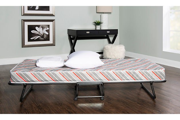 Give your overnight guests the comfort they crave with the Torino ultimate folding bed. Casters make it easy to roll it into place. Unfold to reveal a comfy mattress. When company leaves, just fold it back up and store in a closet or cubby.Includes twin-size steel frame and mattress | Thick mattress for comfort | Easy to set up and fold down | Casters for easy mobility