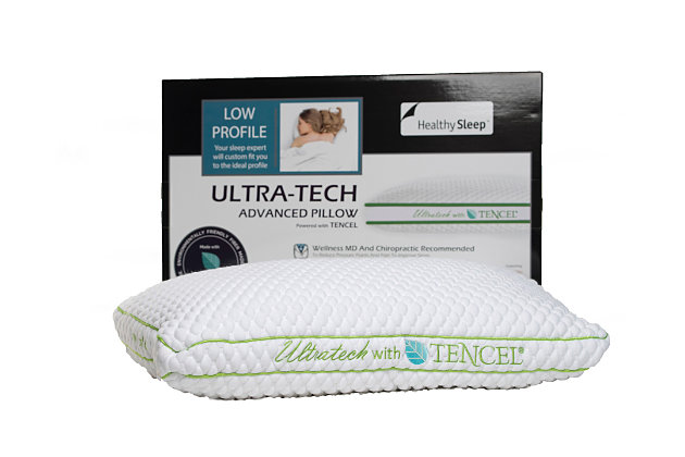 The Ultra-Tech with Tencel advanced pillow by Healthy Sleep is chiropractor and wellness MD recommended to reduce pain and pressure points by conforming to your body for proper neck and spine alignment. For those who prefer the feel of low-profile thickness, this exceptionally comfortable pillow includes a naturally antibacterial cover crafted with Ultra-Tech Tencel technology. Soft to the touch and gentle on sensitive skin, Tencel is also 50% more effective at wicking away moisture than cotton. Rest assured that while you sleep, regulating air pockets dissipate heat to help keep you comfortably cool all night long.Made of microfiber and polyester | Low profile | Naturally antibacterial Ultra-Tech Tencel cover | Air pockets for temperature regulation | Chiropractor and wellness MD recommended
