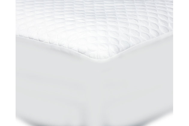 Sleep comfort and mattress protection is yours with the Cool-Tech advanced mattress protector. With significantly more cooling material than competitive products, you can actually FEEL the difference. Its high performance fabric will keep you cool as you sleep and provide a barrier against dust mites and allergens. Your mattress investment will be protected from stains and spills—a win for maintaining a fresh, clean mattress.Made of polyethylene and performance fabric |  mattress protector | Air pockets for temperature regulation | CoolTech: high performance cooling fabric and breathable construction help to dissipate heat | Protects mattress from stains and spills | Provides a barrier to dust mites and allergens | 2-year warranty