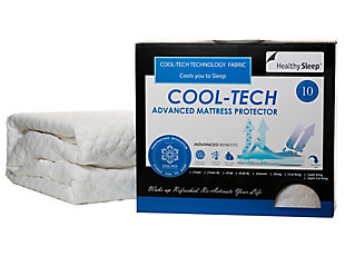 Sleep comfort and mattress protection is yours with the Cool-Tech advanced full mattress protector. With significantly more cooling material than competitive products, you can actually FEEL the difference. Its high performance fabric will keep you cool as you sleep and provide a barrier against dust mites and allergens. Your mattress investment will be protected from stains and spills—a win for maintaining a fresh, clean mattress.Made of polyethylene and performance fabric | Full mattress protector | Air pockets for temperature regulation | CoolTech: high performance cooling fabric and breathable construction help to dissipate heat | Protects mattress from stains and spills | Provides a barrier to dust mites and allergens | 2-year warranty