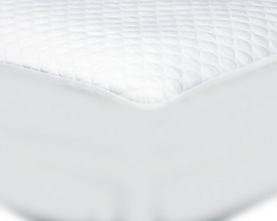 Sleep comfort and mattress protection is yours with the Cool-Tech advanced split California king mattress protector. With significantly more cooling material than competitive products, you can actually FEEL the difference. Its high performance fabric will keep you cool as you sleep and provide a barrier against dust mites and allergens. Your mattress investment will be protected from stains and spills—a win for maintaining a fresh, clean mattress.Made of polyethylene and performance fabric | Split California king mattress protector | Air pockets for temperature regulation | CoolTech: high performance cooling fabric and breathable construction help to dissipate heat | Protects mattress from stains and spills | Provides a barrier to dust mites and allergens | 2-year warranty
