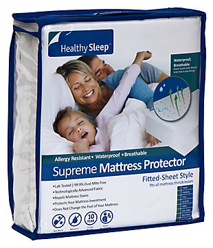 Getting a good night’s rest? Rest assured, you’ll be sleeping even better with this supreme mattress protector by Healthy Sleep. Along with ensuring your mattress is 99.9% free of dust mites and allergens, this breathable, waterproof protector also safeguards your mattress from rips, tears, burns and stains, so you can really Zzzz happy.Made of polyester | Polyurethane laminate backing | Provides 99.9% dust-mite/allergen-free protection | Breathable and waterproof | Imported | Machine washable