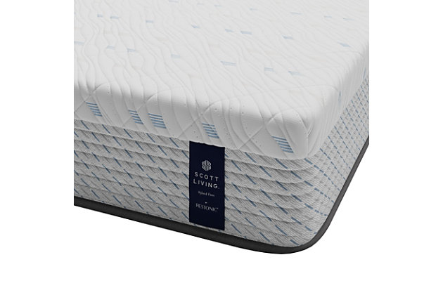 The Scott Living 11" Hybrid firm mattress features a layer of gel-infused memory foam. Gel-infused memory foam is more resilient than traditional memory foam. While traditional memory foam can leave the sleeper immobile due to its slow reaction time, gel-infused memory foam allows the sleeper to move freely. As a result, it's suited to a variety of sleep positions, adding to its comfort and versatility. The exclusive 2Cool® technology helps regulate body temperature, creating a cool, comfortable sleep environment throughout the night. By gently and consistently moving heat away from your body, you’ll enjoy a full night of restful, undisturbed sleep. The Twin Support Q5 coil system incorporates individually wrapped coils to give a customized level of support as well as motion separation, while the Twin Support Edge is a band of outer coils that have two coils wrapped together, to help avoid the feeling that you are rolling off the edge of the bed. Extra Firm Foam provides additional support and firmness ideal for back sleepers. It also keeps the sleeper on top of the mattress and reduces the “sleeping in the mattress" sensation.Comfort level: firm | Gel-infused memory foam | Q5 Twin Support | Twin Support Edge | 2Cool® technology | Foundation/box spring recommended, sold separately
