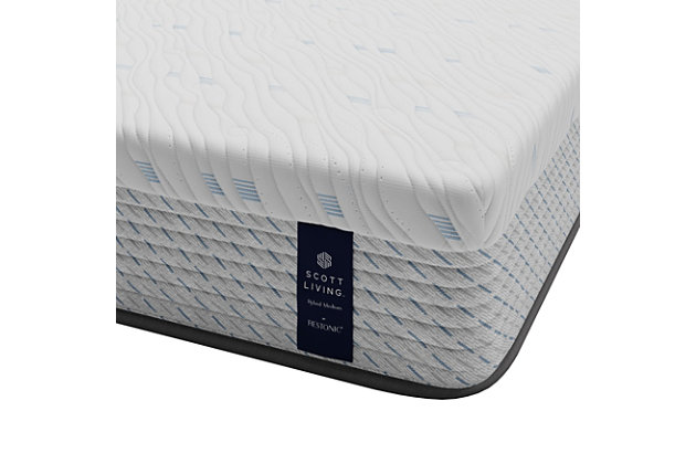 The Scott Living 11" Hybrid medium mattress features a layer of gel-infused memory foam. Gel-infused memory foam is more resilient than traditional memory foam. While traditional memory foam can leave the sleeper immobile due to its slow reaction time, gel-infused memory foam allows the sleeper to move freely. As a result, it's suited to a variety of sleep positions, adding to its comfort and versatility. The exclusive 2Cool® technology helps regulate body temperature, creating a cool, comfortable sleep environment throughout the night. By gently and consistently moving heat away from your body, you’ll enjoy a full night of restful, undisturbed sleep. The Twin Support Q5 coil system incorporates individually wrapped coils to give a customized level of support as well as motion separation, while the Twin Support Edge is a band of outer coils that have two coils wrapped together, to help avoid the feeling that you are rolling off the edge of the bed. This mattress features a layer of Super Soft Comfort Foam. Softer mattresses are generally better for those who sleep on their side, as they better cushion the shoulders and hips and better align the spine.Comfort level: medium | Gel-infused memory foam | Q5 Twin Support | Twin Support Edge | 2Cool® technology | Foundation/box spring recommended, sold separately