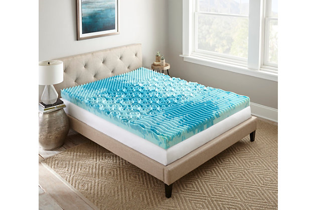 Enjoy the kind of sleep you’ve always dreamed of. Thomasville’s 4-inch Gel Topper is cooler than a traditional memory foam and helps you stay comfortable—and asleep—throughout the night. Its 2 inches of gel foam provide targeted pressure relief for aching muscles and joints, while an extra 2-inch layer of high-density foam adds more support. The topper's tri-zone sleep wave design creates space for refreshing airflow, enhancing your comfort for a peaceful night’s sleep.4" gel topper made of GelLux foam for a cool, resilient night’s sleep | 2" of gel foam, along with extra 2" layer of high-density foam | Extra support for lumbar section | Easy care: Spot clean with water | 5-year warranty | Ships in 1 box via FedEx