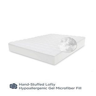The SensorPEDIC® Luxury Top Loft Gel Fiber Mattress Pad is overstuffed with 26 ounces per square yard of gel fiber to give you a restorative night's sleep. The fill is hand-stuffed into individually stitched, 100% cotton pockets to ensure it stays evenly distributed. The stretch-to-fit bed skirt keeps this hypoallergenic mattress pad secure on mattresses up to 18-inches deep, so your mattress is clean and comfortable.PLUSH GEL FIBER- Luxury gel fiber filling offers a layer of plush comfort while you sleep | NATURAL COTTON FABRIC- Hypoallergenic, all-cotton fabric cover adds a layer of smooth softness and helps to keep your sleeping area fresh | EVEN DISTRIBUTION- Hand-stuffed filling into individually stitched pockets for even distribution and softness | ELASTIC BED SKIRT- Stretch-to-fit bed skirt fits deep pocket mattresses up to 18-inches deep | MACHINE WASHABLE- This mattress pad is machine washable for lasting freshness | 100% Cotton | 100% gel fiber fill fill | Imported