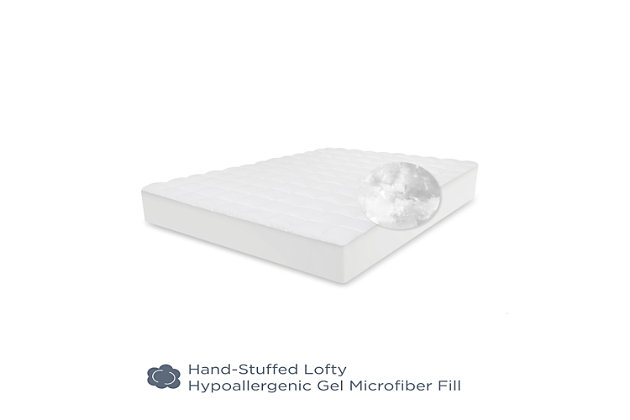 The SensorPEDIC® Luxury Top Loft Gel Fiber Mattress Pad is overstuffed with 26 ounces per square yard of gel fiber to give you a restorative night's sleep. The fill is hand-stuffed into individually stitched, 100% cotton pockets to ensure it stays evenly distributed. The stretch-to-fit bed skirt keeps this hypoallergenic mattress pad secure on mattresses up to 18-inches deep, so your mattress is clean and comfortable.PLUSH GEL FIBER- Luxury gel fiber filling offers a layer of plush comfort while you sleep | NATURAL COTTON FABRIC- Hypoallergenic, all-cotton fabric cover adds a layer of smooth softness and helps to keep your sleeping area fresh | EVEN DISTRIBUTION- Hand-stuffed filling into individually stitched pockets for even distribution and softness | ELASTIC BED SKIRT- Stretch-to-fit bed skirt fits deep pocket mattresses up to 18-inches deep | MACHINE WASHABLE- This mattress pad is machine washable for lasting freshness | 100% Cotton | 100% gel fiber fill fill | Imported