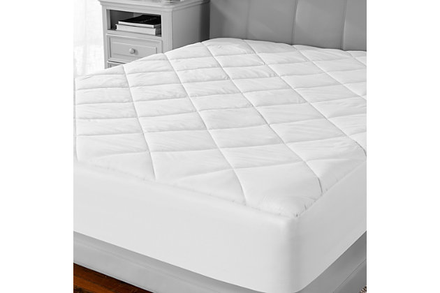 The SensorPEDIC® MicroShield® Mattress Pad cushions your mattress and features MicroShield® fabric that is tested by independent laboratories to block up to 100% of house dust mite (Der p 1) and 99.78% of cat allergens (Fel d 1). This mattress pad will keep you sleeping clean and fresh with its plush quilted fabric top that is both water and stain resistant. The stretch-to-fit bed skirt ensures that the mattress pad will stay in place night after night.ALLERGEN BLOCKING FABRIC- Fabric tested by independent laboratories to block up to 100% of house dust mite (Der p 1) and 99.78% of cat allergens (Fel d 1) | ENHANCED MATTRESS PROTECTION- Quilted fabric is water and stain repellent to help keep your sleeping area clean | ELASTIC BED SKIRT- Stretch-to-fit bed skirt ensures a secure fit atop your mattress | DEEP POCKET FIT- Fits deep pocket mattresses up to 18-inches deep | MACHINE WASHABLE- This mattress pad is machine washable for lasting freshness | 88% Polyester, 12% Nylon | 100% polyester fill | Imported