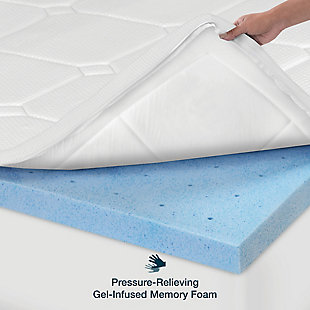 Rejuvenate your mattress and make it feel brand new with the SensorPEDIC® 3-Inch Euro Majestic Mattress Topper, featuring an inch of memory foam quilted into the rayon fabric cover for a layer of plush comfort, and a 2-inch base layer of open-cell, gel-infused memory foam that provides pressure-relieving support throughout the night. This mattress topper features the built-in ventilated iCOOL Technology System™ that enhances air flow and ensures optimal breathability in the foam, fabric, and fabrication processes. The circular-knit cover helps create a cooler sleeping environment and features Stain-X™ technology, making it water repellent and protecting it from stains. The stretch-to-fit bed skirt fits deep pocket mattresses up to 18 inches to ensure this topper stays securely in place night after night.QUILTED FOAM TOP LAYER- 1-inch top layer of memory foam quilted into the cover provides a plush layer of support | SUPPORTIVE BASE LAYER- 2-inch base layer of gel-infused memory foam offers pressure-relieving support throughout the night | BREATHABLE FOAM TECHNOLOGY- Features built-in ventilated iCOOL Technology System™ enhancing air flow and ensuring optimal breathability in the topper's foam, fabric, and fabrication processes | ENHANCED PROTECTION- Luxurious rayon fabric cover is treated with Stain-X™ technology for anti-stain and water repellent protection | ANTI SKID BOTTOM- Non-skid bottom grips your mattress to limit movement throughout the night | Made of rayon and polyester | 100% memory foam fill | Imported