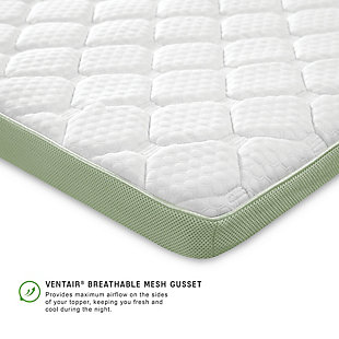 Designed for a truly fresh and cool feel, this SensorPEDIC® 3-inch memory foam topper features a plush top layer quilted with nearly an inch of ComfortCOOL Technology®, a proprietary memory foam formulation. The base layer of pressure-relieving, gel-infused memory foam provides supportive and restorative comfort while you sleep. Engineered for exceptional airflow, this topper adds another element of cooling comfort by combining our iCOOL Technology System™ with the VentAIR® breathable mesh gusset. The non-skid bottom keeps the topper in place so you can focus on enjoying a supportive and refreshingly cool sleep experience.QUILTED FOAM LAYER- Luxurious quilted cover features ComfortCOOL Technology®, a proprietary memory foam formulation quilted into the cover | SUPPORTIVE MEMORY FOAM- Therapeutic, pressure-relieving gel-infused memory foam maintains supportive comfort | BREATHABLE TECHNOLOGY- Engineered for maximum airflow, this topper combines ventilated memory foam and a breathable fabric cover for lasting comfort | MESH GUSSET- VentAIR® breathable mesh gussets provide maximum airflow on the sides | ANTI SKID BOTTOM- Non-skid fabric bottom ensures this topper stays in place atop your mattress | Made of rayon and polyester | 100% memory foam fill | Imported