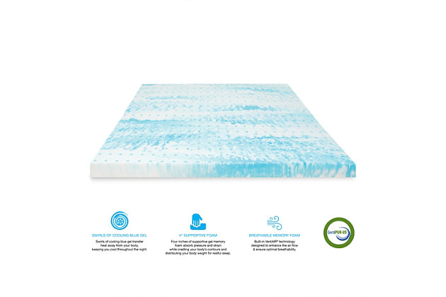 The SensorPEDIC® 4-Inch Gel Swirl Memory Foam Mattress Topper features swirls of cooling blue gel that transfer heat away from your body and may help keep you cool throughout the night. Four inches of supportive gel memory foam absorb pressure and strain while cradling your body's contours and distributing your body weight for restful sleep.SUPPORTIVE MEMORY FOAM- 4-inches of gel-infused memory foam offers pressure-relieving support | REFRESHING COMFORT- Swirls of blue gel in the memory foam help transfer heat away from the body | FRESH AND CLEAN FOAM- Hypoallergenic foam helps keep your sleeping area fresh and clean | CERTIFIED HIGH QUALITY FOAM- Foam is CertiPUR-US certified to meet rigorous standards for performance, content, emissions and durability, and is analyzed by independent, accredited testing laboratories | REJUVENATE YOUR MATTRESS- Absorbs pressure and strain by cradling the body's contours and distributing body weight | 100% gel-infused memory foam fill | Imported