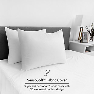 Enjoy the subtle texture and plush support of the SensorPEDIC® Embossed SensoSoft® Pillow, featuring a luxurious SensoSoft® fabric cover with an elegant 3D embossed dot hex design. Each pillow is generously filled with hypoallergenic FreshFill® fiber, a resilient and lofty down alternative fiber that provides plush yet supportive comfort throughout the night.UNIQUE EMBOSSED DESIGN- Luxuriously soft SensoSoft® fabric cover features an elegant 3D embossed dot hex design | SUBTLE TEXTURE- The embossed pattern provides a subtle texture for a unique feel | LOFTY FIBER FILL- Generously filled with proprietary FreshFill®, a hypoallergenic down alternative fiber that provides excellent loft and resiliency | JUMBO BED PILLOW- Each Jumbo sized pillow measures 28" x 20" and is available in single, 2-packs, or 4-packs | MACHINE WASHABLE- Each pillow is machine washable for lasting freshness | Made of 100% Polyester | 100% Polyester Fiber Fill | Made in the USA