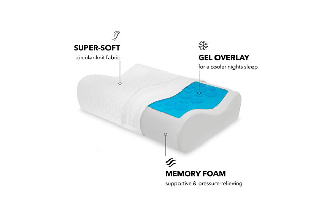 Stay comfortable throughout the night with the SensorPEDIC® Gel-Overlay Memory Foam Contour Bed Pillow. Featuring therapeutic, pressure-relieving memory foam that is hypoallergenic, this pillow provides lasting support for back and side sleepers while helping to keep your sleeping area fresh. The cooling gel overlay helps regulate body temperature, while the ventilated iCOOL Technology System™ enhances breathability for a cooler, more comfortable night's rest. This pillow also features a super-soft, circular-knit rayon fabric cover that adds a layer of luxurious softness and coolness.SUPPORTIVE MEMORY FOAM- The memory foam in this pillow cradles the head, neck, and shoulders to offer supportive pressure relief that lasts night after night | INNOVATIVE GEL-OVERLAY- The cool-to-the-touch gel overlay featured in this pillow helps regulate body temperature for a more comfortable night's rest | BREATHABLE FOAM TECHNOLOGY- The built-in, ventilated iCOOL Technology System™ in the open-cell memory foam increases air flow for enhanced breathability | LUXURY RAYON COVER- Each pillow features a luxurious circular-knit cover with a Rayon face that is also cool-to-the-touch for added luxury and comfort | FIRM CONTOUR SUPPORT- This contour pillow features a dual height design to provide firm support for primary side and back sleepers |  Made of 100% Rayon, 100% Polyester | Memory Foam fill; Gel Fill | Imported