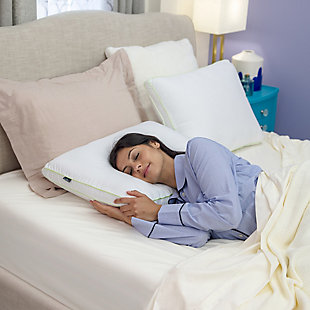 The SensorPEDIC® Dual Comfort Supreme Gusseted Bed Pillow provides multiple comfort options with an innovative hybrid combination of memory foam on one side and fiber fill on the other. The memory foam in this pillow is the new odor-free Sensor-FOAM® Memory Foam, a super open-cell memory foam with built in ventilated iCOOL Technology System™ to enhance breathability. The other side consists of hypoallergenic SofLOFT® polyester fiber fill for plush comfort. This pillow also features a luxurious 300 thread count, 100 percent cotton cover with stain protection and a decorative trim.REVERSIBLE DESIGN- This reversible hybrid bed pillow features one side of supportive memory foam with the opposite side generously filled with lofty fiber | SUPPORTIVE MEMORY FOAM- One side of ventilated memory foam cradles pressure points to offer lasting support to the head and neck | HYPOALLERGENIC SofLOFT® FIBER- Opposite side is filled with resilient SofLOFT® polyester fiber fill when you need more plush support | LUXURY COTTON COVER- Each pillow includes a 300 thread count, all-cotton cover that adds a layer of luxuriously smooth softness | MACHINE WASHABLE- Simply remove the zippered cover and machine wash for lasting freshness; spot clean inner memory foam pillow | Made of 100% Cotton | Memory Foam and Polyester Fiber Fill | Made in the USA