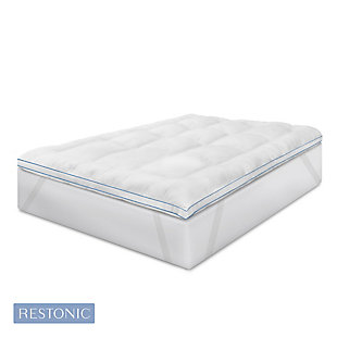 The Restonic® 3-Inch Memory Fiber and Memory Foam Hybrid Mattress Topper provides 3 inches of supportive comfort combining an innovative fill of memory foam clusters made from 100% CertiPUR-US® certified memory foam and SofLOFT® supportive down alternative fiber fill. The breathable cover on this topper features Nanotex® Coolest Comfort Technology that wicks away moisture and helps provide enhanced airflow. The plush baffle box construction and gusseted sides allow the pressure-relieving fill to stay evenly distributed while anchor bands on each of the four corners keep topper secure to your mattress.Unique combination of memory foam clusters and hypoallergenic fiber fill offers support and comfort while helping to keep your sleeping area fresh | 220 thread count, ultra-soft polyester fabric cover features Nanotex Coolest Comfort Technology to wick away moisture for a more comfortable night's rest | Baffle box design and gusseted sidewalls ensure the fill is evenly distributed (regular fluffing may be required to redistribute fill within the baffle boxes) | Stretch-to-fit anchor bands on each corner ensure a secure fit to your mattress | Foam is CertiPUR-US certified to meet rigorous standards for performance, content, emissions and durability (and is analyzed by independent, accredited testing laboratories)