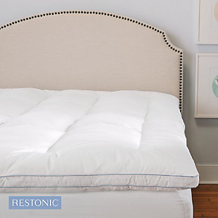 The Restonic® 3-Inch Memory Fiber and Memory Foam Hybrid Mattress Topper provides 3 inches of supportive comfort combining an innovative fill of memory foam clusters made from 100% CertiPUR-US® certified memory foam and SofLOFT® supportive down alternative fiber fill. The breathable cover on this topper features Nanotex® Coolest Comfort Technology that wicks away moisture and helps provide enhanced airflow. The plush baffle box construction and gusseted sides allow the pressure-relieving fill to stay evenly distributed while anchor bands on each of the four corners keep topper secure to your mattress.Unique combination of memory foam clusters and hypoallergenic fiber fill offers support and comfort while helping to keep your sleeping area fresh | 220 thread count, ultra-soft polyester fabric cover features Nanotex Coolest Comfort Technology to wick away moisture for a more comfortable night's rest | Baffle box design and gusseted sidewalls ensure the fill is evenly distributed (regular fluffing may be required to redistribute fill within the baffle boxes) | Stretch-to-fit anchor bands on each corner ensure a secure fit to your mattress | Foam is CertiPUR-US certified to meet rigorous standards for performance, content, emissions and durability (and is analyzed by independent, accredited testing laboratories)
