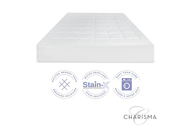 Add luxury and comfort to your bed with the hybrid construction of memory foam and fiber found in the Luxury Mattress Pad from Charisma®. The luxurious and durable circular-knit rayon fabric adds a layer of smooth softness to your mattress and features Stain-X Technology that makes it water repellent and stain resistant so your sleep experience is clean and comfortable. A layer of hypoallergenic memory foam quilted into the cover sits atop polyester fiber to provide a thin layer of pressure-relieving support and refreshing comfort. Easy-care foam allows this mattress pad to be machine washable and dryer safe for lasting freshness. The stretch-to-fit bed skirt fits mattresses up to 18 inches deep to secure the pad to your mattress and prevent it from shifting during the night.Luxury circular knit cover; durable rayon fabric cover adds a layer of smooth softness to your mattress | Fabric features Stain-X Technology to make the cover water repellent and stain resistant so you sleep clean and comfortable | A layer of quilted, hypoallergenic memory foam sits atop polyester fiber to provide a thin layer of pressure-relieving support and refreshing comfort | This mattress pad can be machine washed and is dryer safe for lasting freshness | Stretch-to-fit bed skirt is designed to fit mattresses up to 18 inches deep to keep the protector secure to your mattress and prevent it from shifting during the night | Charisma® is softness that you know will be there before you even touch it (an attention to detail and quality you can trust); with wonderful fabrics, Charisma® is the only choice for the discerning consumer who understands true luxury and the finer things in life