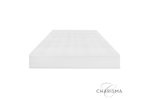 Add luxury and comfort to your bed with the hybrid construction of memory foam and fiber found in the Luxury Mattress Pad from Charisma®. The luxurious and durable circular-knit polyester fabric adds a layer of smooth softness to your mattress and features Stain-X Technology that makes it water repellent and stain resistant so your sleep experience is clean and comfortable. A layer of hypoallergenic memory foam quilted into the cover sits atop polyester fiber to provide a thin layer of pressure-relieving support and refreshing comfort. Easy-care foam allows this mattress pad to be machine washable and dryer safe for lasting freshness. The stretch-to-fit bed skirt fits mattresses up to 18 inches deep to secure the pad to your mattress and prevent it from shifting during the night.Luxury circular knit cover; durable polyester fabric cover adds a layer of smooth softness to your mattress | Fabric features Stain-X Technology to make the cover water repellent and stain resistant so you sleep clean and comfortable | Laminated bottom fabric helps prevent liquids from seeping into your mattress to protect against spills and stains | Stretch-to-fit bed skirt is designed to fit mattresses up to 18 inches deep to keep the protector secure to your mattress and prevent it from shifting during the night | Charisma® is softness that you know will be there before you even touch it (an attention to detail and quality you can trust); with wonderful fabrics, Charisma® is the only choice for the discerning consumer who understands true luxury and the finer things in life
