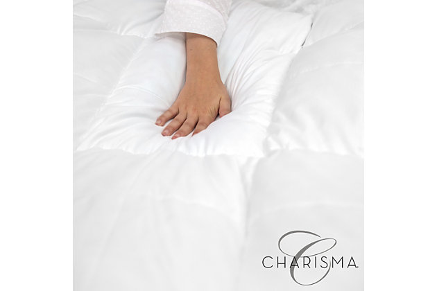 Heighten the comfort of your bed and enjoy serene relaxation when resting on the Charisma® Memory Foam Cluster and Gel Fiber Mattress Topper, generously filled with a combination of gel-infused memory foam clusters that provide lasting pressure relief and luxury gel fiber for plush support throughout the night. Each topper features a durable 220 thread count polyester fabric cover that adds a layer of smooth softness and features Repel-A-Tex Technology that makes the cover water repellent and stain resistant to make your sleep experience clean and comfortable. The memory foam in this topper is CertiPUR-US certified foam that meets standards for performance, content, emissions, and durability, and is naturally antimicrobial, hypoallergenic, and resistant to mold, bacteria, and dust mites so you can sleep worry-free for years to come.Topper is generously filled with a combination of gel-infused memory foam clusters that provide lasting pressure relief and luxury gel fiber for plush comfort | Elegant cover with superior mattress protection; durable 220 thread count polyester fabric cover adds a layer of smooth softness and features Repel-A-Tex Technology that makes the cover water repellent and stain resistant to help you sleep clean and comfortable | The memory foam in this topper is naturally antimicrobial, hypoallergenic, and resistant to mold, bacteria and dust mites | Foam is CertiPUR-US certified to meet rigorous standards for performance, content, emissions and durability (and is analyzed by independent, accredited testing laboratories) | Stretch-to-fit bed skirt keeps this topper secure to your mattress and prevents it from shifting during the night | For timeless style and superior comfort, choose the soft and supportive Mattress Topper perfect for any sleep style; treat yourself to the Luxury Topper Collection from Charisma®