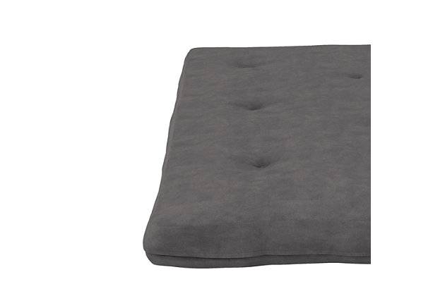 The DHP six-inch Eve thermobonded polyester fill futon mattress guarantees you hours of comfortable sleeping and sitting enjoyment. Built to withstand everyday wear and tear, this easily foldable mattress is composed of a high-density polyester fill and gives your aching body medium support and just the optimal level of firmness. Designed with an easy-to-clean tufted microfiber cover that allows it to retain its original shape, this mattress fits on any standard full-sized futon frame. Add this small space living solution into your living room, home office or den instantly providing extra functionality to those who love to host, but don’t have a spare guest bedroom to accommodate overnight guests. This mattress is GreenGuard Gold Certified to ensure a healthy indoor air environment.Includes full-size futon mattress (frame sold separately) | Made of polyester and microfiber | Tight top | High-density polyester fill | Microfiber cover with tufting | Folding design | Wipe clean with damp cloth | This mattress has achieved greenguard gold certification. Greenguard certified products are certified to greenguard standards for low chemical emissions into indoor air during product usage | Assembled in canada with imported materials