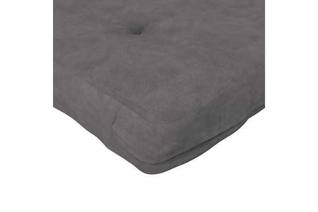 The DHP six-inch Eve thermobonded polyester fill futon mattress guarantees you hours of comfortable sleeping and sitting enjoyment. Built to withstand everyday wear and tear, this easily foldable mattress is composed of a high-density polyester fill and gives your aching body medium support and just the optimal level of firmness. Designed with an easy-to-clean tufted microfiber cover that allows it to retain its original shape, this mattress fits on any standard full-sized futon frame. Add this small space living solution into your living room, home office or den instantly providing extra functionality to those who love to host, but don’t have a spare guest bedroom to accommodate overnight guests. This mattress is GreenGuard Gold Certified to ensure a healthy indoor air environment.Includes full-size futon mattress (frame sold separately) | Made of polyester and microfiber | Tight top | High-density polyester fill | Microfiber cover with tufting | Folding design | Wipe clean with damp cloth | This mattress has achieved greenguard gold certification. Greenguard certified products are certified to greenguard standards for low chemical emissions into indoor air during product usage | Assembled in canada with imported materials