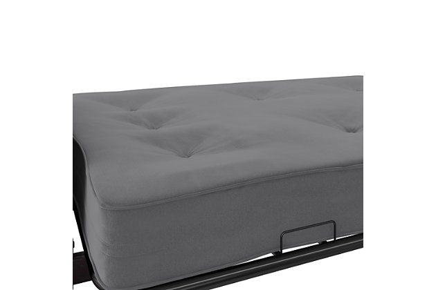There’s nothing better than a good night’s sleep, which is why you should get the DHP Carson eight-inch thermobonded high-density polyester fill futon mattress to make sure everyone in your home is sleeping comfortably. Composed of polyester fiber pad, this futon mattress is built to last through years of daily wear and tear without losing its shape, thanks to its tufted design. Designed to fit any regular full-size futon, this mattress will provide comfort and support for when you binge watch your favorite television series or when your friends need a bed to sleep overnight.Includes full-size futon mattress (frame sold separately) | Made of polyester, cotton and twill | Tight top | 100% polyester fiber pad filling | 100% polyester cover with tufting | Folding design | Wipe clean with damp cloth | This mattress has achieved greenguard gold certification. Greenguard certified products are certified to greenguard standards for low chemical emissions into indoor air during product usage | Assembled in canada with imported materials