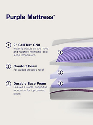The Purple® Mattress: The bed that broke the internet. The Purple® Mattress uses the Purple Grid™ to eliminate pressure points and allow airflow so you sleep cool and comfortable. In other words, your hips and shoulders will be perfectly cradled while fully supporting your back. Stop compromising between comfort and support and get the best of both worlds with the Purple® Mattress.Purple Smart Comfort Grid™ provides the perfect balance of firm and soft without compromise | The Purple Smart Comfort Grid™ is bordered with a high-density polyurethane foam to provide proper edge support | Soft flex, stretchy, and breathable mattress cover allows you to sink comfortably into bed | Open air channels and temperature-neutral materials for cooler sleep  | Motion isolating technology | Allow 72 hours for mattress to fully decompress | 2" Hyper-Elastic Polymer™ material in Purple Smart Comfort Grid™ | 3.5" layer of 1.8-lbs density polyurethane foam | 4" layer of 2.0-lbs density polyurethane foam | CertiPUR-US certified foam base | Spot clean with mild detergent  | Fire retardant – non-toxic knit barrier | Twin XL dimensions: 38"x80"x9.25"