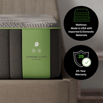 Close-up of GhostBed green center band and warranty/certification icons on black circles