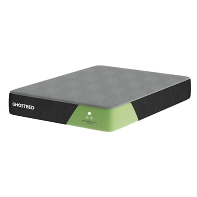 GhostBed memory foam mattress with gray top, black side, green accent label