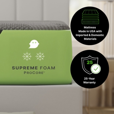 GhostBed Supreme Foam ProCore label on green corner of mattress, with circles showing warranty and material info