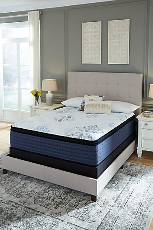 Experience the beauty of a great night’s sleep with the Bonita Springs Euro top mattress by Ashley-Sleep®, a luxurious innerspring mattress with a dreamy feel priced to entice. Layers of soft high-density memory foam and a power packed individually wrapped coil unit hug you with conforming comfort and bring pressure point relief. Plus, a gel-infused memory foam layer enhances your comfort by delivering better support while keeping you at the right temperature. Another great perk that comes along with this mattress is that there's more room to spread out thanks to edge support formed by its foam encasing. Foundation/box spring available, sold separately.Comfort level:  | Luxury knit quilt cover | High-density plush quilt foam; high-density plush body foam | Zoned sculpted plush pressure relief foam | Lumbar gel memory foam | High-density foam encasement | Power packed individually wrapped coil unit | 4 vertical handles for easy handling | Maintenance-free, one-sided design: no flipping or rotating | 10-year limited warranty | Note: Purchasing mattress and foundation from two different brands may void warranty; check warranty for details | State recycling fee may apply | Mattress ships in a box; please allow 48 hours for your mattress to y expand after opening