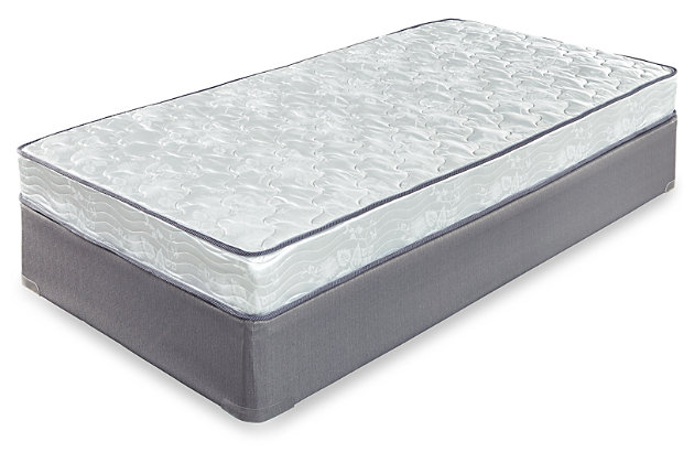 The budget-friendly Chime Firm full mattress offers a comfortable night’s sleep at a comfortably affordable price. At the core of this mattress: 13.5-gauge tempered Bonnell steel coils that provide maximum support for a sound sleep. The mattress’ quality foam and quilted polyester fabric add an enhanced level of comfort. Foundation available, sold separately.Comfort level: firm | High-quality Bonnell coils offer consistent support and proper balance | 1" high-density support foam delivers edge-to-edge support | Knit quilt cover: polyester | Poly-foam support | Meets Federal Flammability Standard CFR1633 | 1-year limited warranty | Foundation sold separately | Mattress ships in a box; please allow 48 hours for your mattress to fully expand after opening