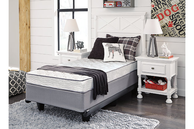 The budget-friendly Chime Firm queen mattress offers a comfortable night’s sleep at a comfortably affordable price. At the core of this mattress: 13.5-gauge tempered Bonnell steel coils that provide maximum support for a sound sleep. The mattress’ quality foam and quilted polyester fabric add an enhanced level of comfort. Foundation available, sold separately.Comfort level: firm | High-quality Bonnell coils offer consistent support and proper balance | 1" high-density support foam delivers edge-to-edge support | Knit quilt cover: polyester | Poly-foam support | Meets Federal Flammability Standard CFR1633 | 1-year limited warranty | Foundation sold separately | Mattress ships in a box; please allow 48 hours for your mattress to fully expand after opening