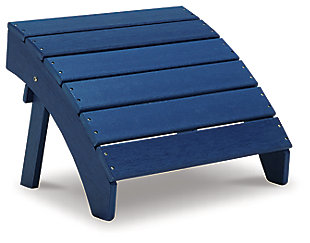 Add cottage-quaint charm to your outdoor oasis with the Sundown Treasure ottoman in blue.  Made of MEGA TUFF™ high-density polyethylene material, it’s sure to weather the seasons beautifully. The ottoman’s slatted styling with sloped shaping provides exceptional form and function.Made of durable and sturdy HDPE high-density polyethylene blue material | MEGA TUFF™ HDPE surfaces are made of high-density polyethylene, which gives the wood look you love and the weather resistance you crave | Stainless steel hardware | Designed to withstand the harsh elements of the outdoors | Slatted design | No assembly required