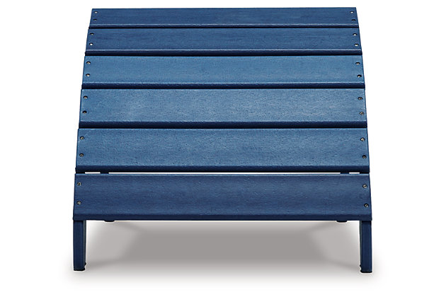 Add cottage-quaint charm to your outdoor oasis with the Sundown Treasure ottoman in blue.  Made of MEGA TUFF™ high-density polyethylene material, it’s sure to weather the seasons beautifully. The ottoman’s slatted styling with sloped shaping provides exceptional form and function.Made of durable and sturdy HDPE high-density polyethylene blue material | MEGA TUFF™ HDPE surfaces are made of high-density polyethylene, which gives the wood look you love and the weather resistance you crave | Stainless steel hardware | Designed to withstand the harsh elements of the outdoors | Slatted design | No assembly required