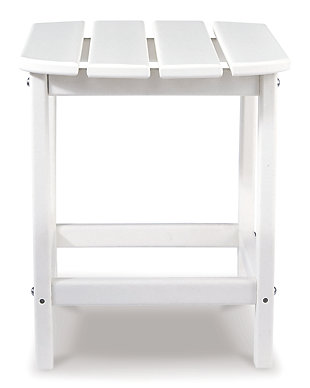 Add cottage-quaint charm to your outdoor oasis with the Sundown Treasure outdoor end table in white.  Made of MEGA TUFF™ high-density polyethylene material, it’s sure to weather the seasons beautifully. Designed to shed rainwater, the table’s slatted top with gently rounded corners provides exceptional form and function.Made of durable and sturdy HDPE high-density polyethylene white material | MEGA TUFF™ HDPE surfaces are made of high-density polyethylene, which gives the wood look you love and the weather resistance you crave | Stainless steel hardware | Designed to withstand the harsh elements of the outdoors | Slatted design | Assembly required | Estimated Assembly Time: 15 Minutes