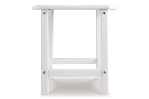 Add cottage-quaint charm to your outdoor oasis with the Sundown Treasure outdoor end table in white.  Made of MEGA TUFF™ high-density polyethylene material, it’s sure to weather the seasons beautifully. Designed to shed rainwater, the table’s slatted top with gently rounded corners provides exceptional form and function.Made of durable and sturdy HDPE high-density polyethylene white material | MEGA TUFF™ HDPE surfaces are made of high-density polyethylene, which gives the wood look you love and the weather resistance you crave | Stainless steel hardware | Designed to withstand the harsh elements of the outdoors | Slatted design | Assembly required | Estimated Assembly Time: 15 Minutes