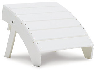 Add cottage-quaint charm to your outdoor oasis with the Sundown Treasure ottoman in white.  Made of MEGA TUFF™ high-density polyethylene material, it’s sure to weather the seasons beautifully. The ottoman’s slatted styling with sloped shaping provides exceptional form and function.Made of durable and sturdy HDPE high-density polyethylene white material | MEGA TUFF™ HDPE surfaces are made of high-density polyethylene, which gives the wood look you love and the weather resistance you crave | Stainless steel hardware | Designed to withstand the harsh elements of the outdoors | Slatted design | No assembly required | Estimated Assembly Time: 15 Minutes