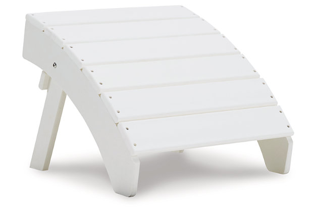 Add cottage-quaint charm to your outdoor oasis with the Sundown Treasure ottoman in white.  Made of MEGA TUFF™ high-density polyethylene material, it’s sure to weather the seasons beautifully. The ottoman’s slatted styling with sloped shaping provides exceptional form and function.Made of durable and sturdy HDPE high-density polyethylene white material | MEGA TUFF™ HDPE surfaces are made of high-density polyethylene, which gives the wood look you love and the weather resistance you crave | Stainless steel hardware | Designed to withstand the harsh elements of the outdoors | Slatted design | No assembly required | Estimated Assembly Time: 15 Minutes