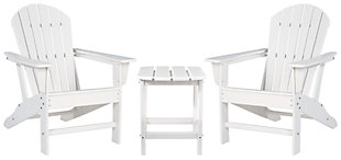 Add cottage-quaint charm to your outdoor oasis with the Sundown Treasure 3-piece outdoor set in white. Made of a hearty hard plastic material, it’s sure to weather the seasons beautifully. Designed to shed rainwater, the chair and table’s slatted styling provides exceptional form and function.Includes 2 Adirondack chairs and 1 end table | Chair and table made of virgin high-density polyethylene (hard plastic) material | Chair and table with white finish | Chair and table with textured grain finish | Chair and table slatted design | No assembly required | Estimated Assembly Time: 75 Minutes