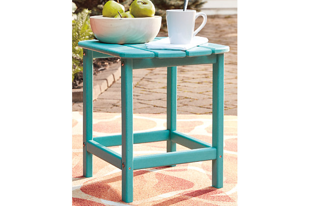 Add cottage-quaint charm to your outdoor oasis with the Sundown Treasure outdoor end table in turquoise.  Made of MEGA TUFF™ high-density polyethylene material, it’s sure to weather the seasons beautifully. Designed to shed rainwater, the table’s slatted top with gently rounded corners provides exceptional form and function.Made of durable and sturdy HDPE high-density polyethylene white material | MEGA TUFF™ HDPE surfaces are made of high-density polyethylene, which gives the wood look you love and the weather resistance you crave | Stainless steel hardware | Designed to withstand the harsh elements of the outdoors | Slatted design | Assembly required | Estimated Assembly Time: 15 Minutes