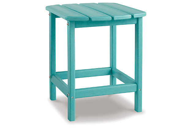 Add cottage-quaint charm to your outdoor oasis with the Sundown Treasure outdoor end table in turquoise.  Made of MEGA TUFF™ high-density polyethylene material, it’s sure to weather the seasons beautifully. Designed to shed rainwater, the table’s slatted top with gently rounded corners provides exceptional form and function.Made of durable and sturdy HDPE high-density polyethylene white material | MEGA TUFF™ HDPE surfaces are made of high-density polyethylene, which gives the wood look you love and the weather resistance you crave | Stainless steel hardware | Designed to withstand the harsh elements of the outdoors | Slatted design | Assembly required | Estimated Assembly Time: 15 Minutes