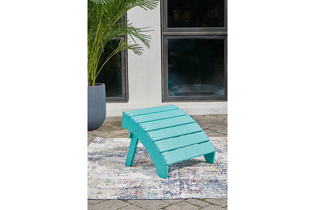 Add cottage-quaint charm to your outdoor oasis with the Sundown Treasure ottoman in turquoise.  Made of MEGA TUFF™ high-density polyethylene material, it’s sure to weather the seasons beautifully. The ottoman's slatted styling with sloped shaping provides exceptional form and function.Made of durable and sturdy HDPE high-density polyethylene material | MEGA TUFF™ HDPE surfaces are made of high-density polyethylene, which gives the wood look you love and the weather resistance you crave | Stainless steel hardware | Designed to withstand the harsh elements of the outdoors | Slatted design | No assembly required | Estimated Assembly Time: 15 Minutes