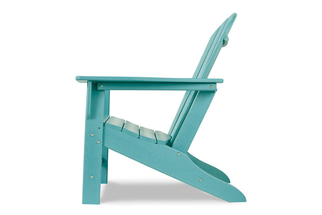 Add cottage-quaint charm to your outdoor oasis with the Sundown Treasure 2-piece outdoor set in turquoise. Made of a hearty hard plastic material with a touch of texture, it’s sure to weather the seasons beautifully. Designed to shed rainwater, the chair and table’s slatted styling provides exceptional form and function.Includes 1 Adirondack chair and 1 end table | Chair and table made of virgin high-density polyethylene (hard plastic) material | Chair and table with turquoise finish | Chair and table with textured grain finish | Chair and table slatted design | Assembly required | Estimated Assembly Time: 45 Minutes