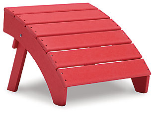 Add cottage-quaint charm to your outdoor oasis with the Sundown Treasure ottoman in red.  Made of MEGA TUFF™ high-density polyethylene material, it’s sure to weather the seasons beautifully. The ottoman’s slatted styling with sloped shaping provides exceptional form and function.Made of durable and sturdy HDPE high-density polyethylene red material | MEGA TUFF™ HDPE surfaces are made of high-density polyethylene, which gives the wood look you love and the weather resistance you crave | Stainless steel hardware | Designed to withstand the harsh elements of the outdoors | Slatted design | No assembly required | Estimated Assembly Time: 15 Minutes
