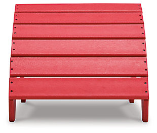 Add cottage-quaint charm to your outdoor oasis with the Sundown Treasure ottoman in red.  Made of MEGA TUFF™ high-density polyethylene material, it’s sure to weather the seasons beautifully. The ottoman’s slatted styling with sloped shaping provides exceptional form and function.Made of durable and sturdy HDPE high-density polyethylene red material | MEGA TUFF™ HDPE surfaces are made of high-density polyethylene, which gives the wood look you love and the weather resistance you crave | Stainless steel hardware | Designed to withstand the harsh elements of the outdoors | Slatted design | No assembly required | Estimated Assembly Time: 15 Minutes