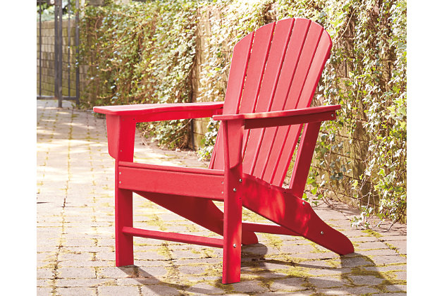 Add cottage-quaint charm to your outdoor oasis with the Sundown Treasure 2-piece outdoor set in red. Made of a hearty hard plastic material with a touch of texture, it’s sure to weather the seasons beautifully. Designed to shed rainwater, the chair and table’s slatted styling provides exceptional form and function.Includes 1 Adirondack chair and 1 end table | Chair and table made of virgin high-density polyethylene (hard plastic) material | Chair and table with red finish | Chair and table with textured grain finish | Chair and table slatted design | No assembly required | Estimated Assembly Time: 45 Minutes