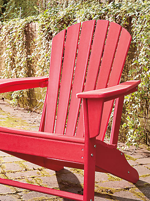 Add cottage-quaint charm to your outdoor oasis with the Sundown Treasure 3-piece outdoor set in red. Made of a hearty hard plastic material with a touch of texture, it’s sure to weather the seasons beautifully. Designed to shed rainwater, the chair and table’s slatted styling provides exceptional form and function.Includes 2 Adirondack chairs and 1 end table | Chair and table made of virgin high-density polyethylene (hard plastic) material | Chair and table with red finish | Chair and table with textured grain finish | Chair and table slatted design | No assembly required | Estimated Assembly Time: 75 Minutes
